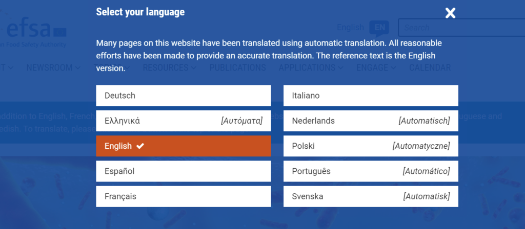 The screenshot shows a dialog box at EFSA website where one can select preferred language. The selection includes, German, Greek (automated translation), English. Spanish, French, Italian, Dutch (automated translation), Polish (automated translation), Portuguesse (automated translation), Swedish (automated translation)