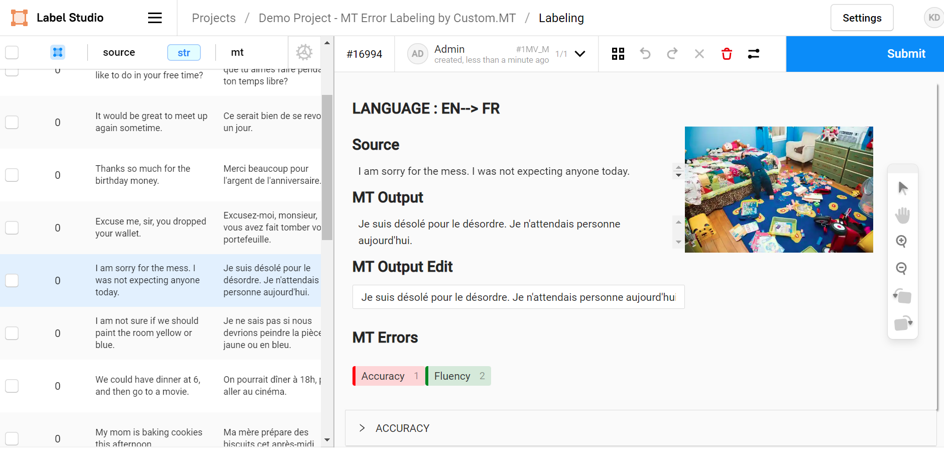 Label Studio screenshot. Showcasing evaluation of a sentence from English to French. Errors are: Accuracy 1, Fluency 2.