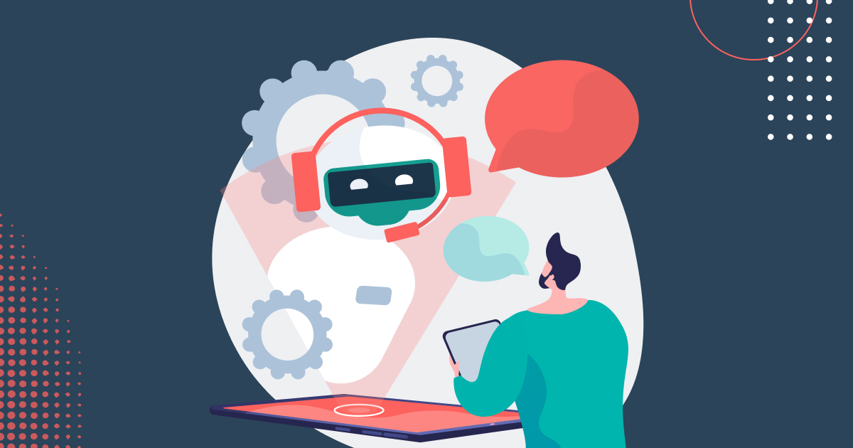 Illustration of a person talking to a robot. Symbolizing using ChatGPT.