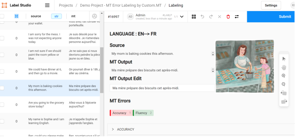 Label Studio screenshot. Showcasing evaluation of a sentence from English to French. Errors are: Accuracy 1, Fluency 2.