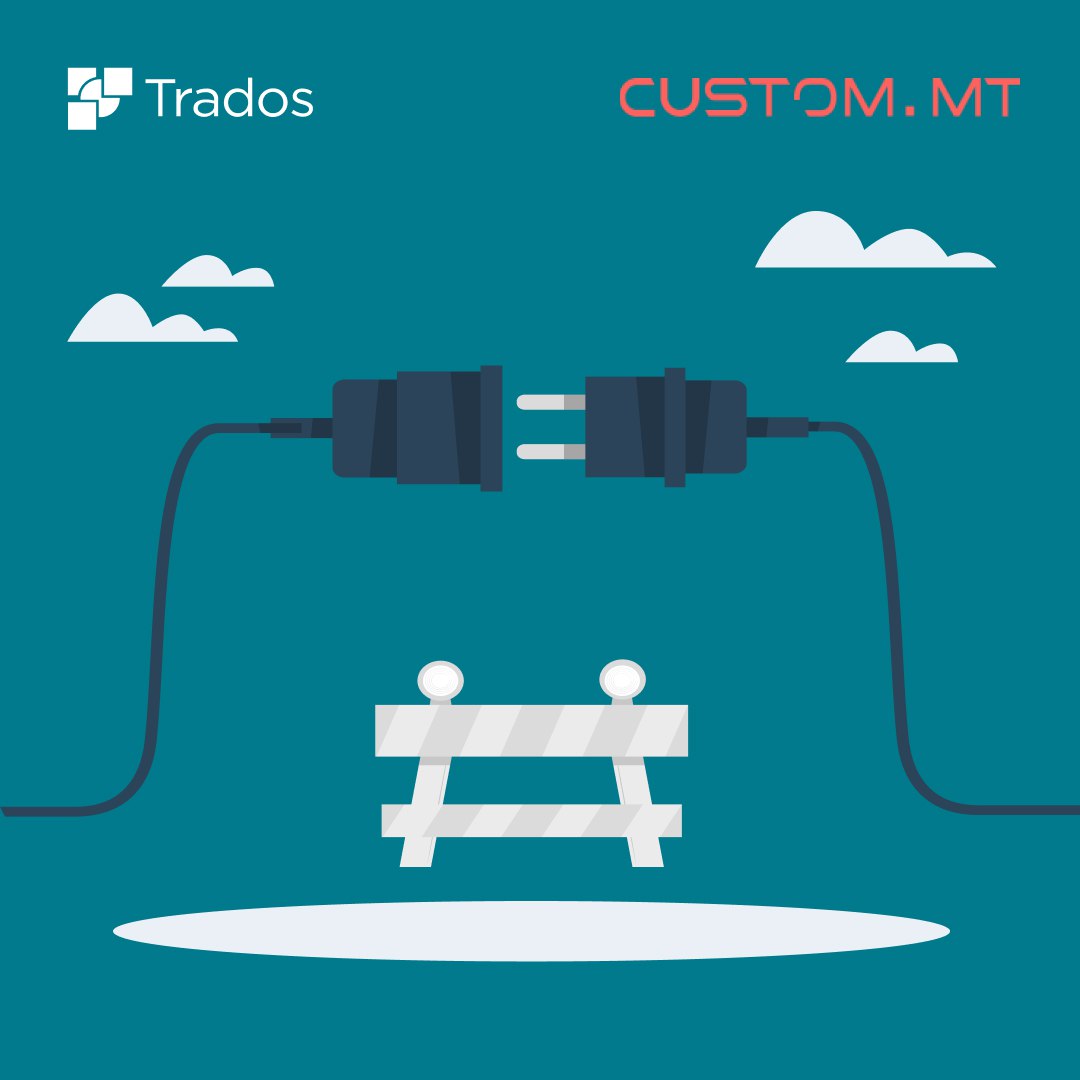 The illustration shows two electric cables joining to form a circuit. It is meant to symbolize the idea of connecting Trados TMS and Custom.MT platform to work together.