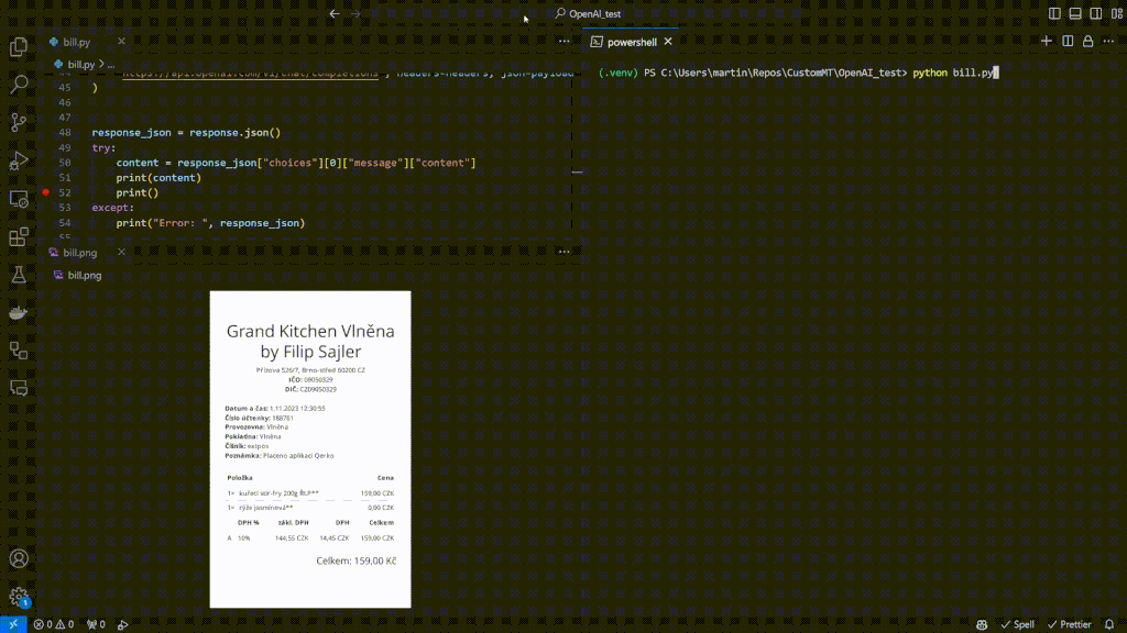 A video of coding a python script that was able to take a receipt from lunch in a Czech restaurant, extract all information from it, and translate it into English. 