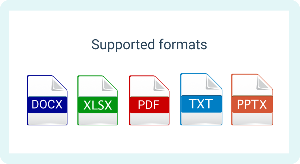 Picture displaying supported file formats: .txt, .docx, .pdf, .xlsx, and .pptx, indicating the types of files that can be processed or uploaded.