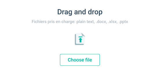 A graphical user interface screen labeled "Drag and drop" that allows users to upload files. It supports file formats including .txt, .docx, .pdf, .xlsx, and .pptx.