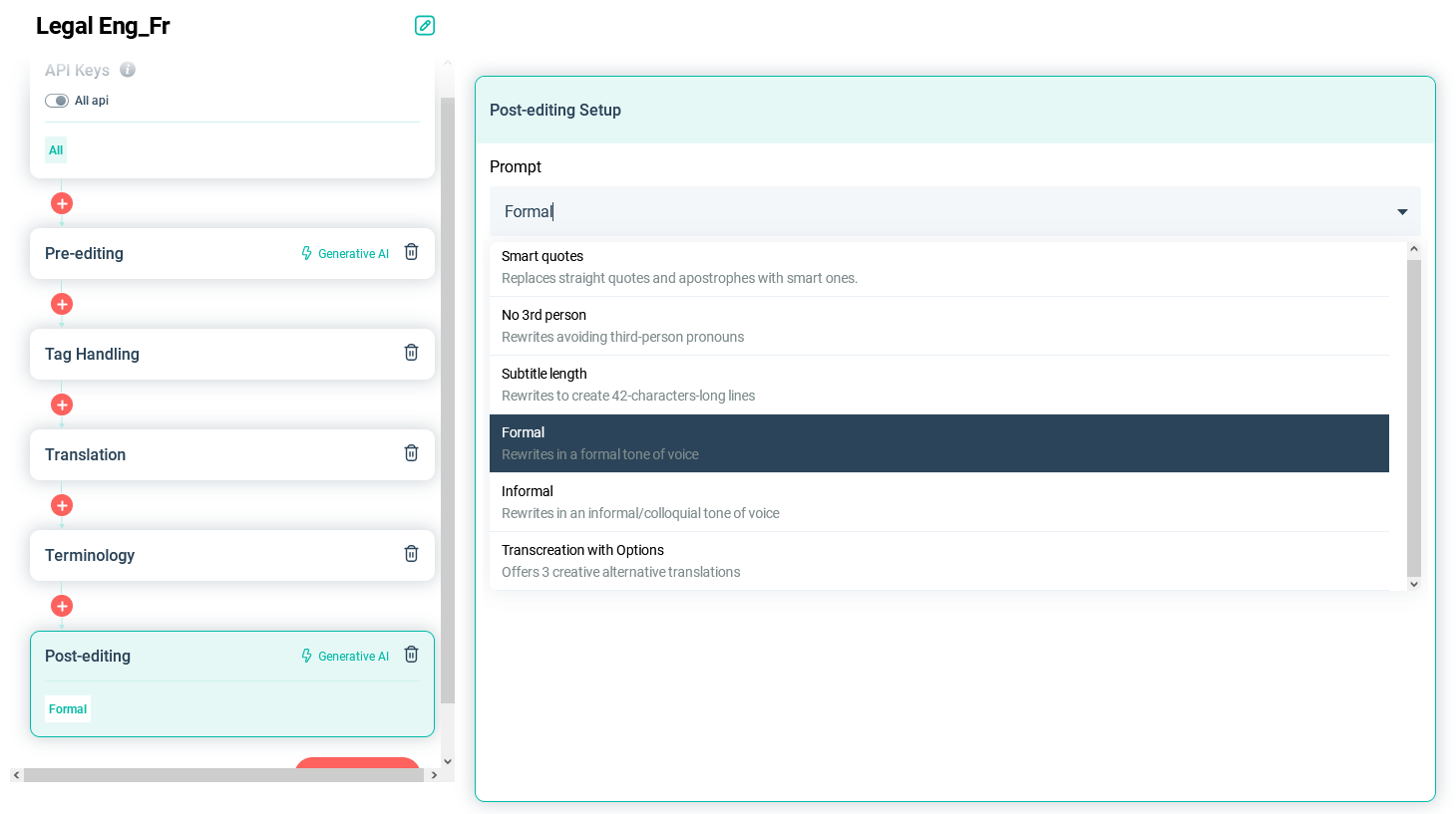 A user interface screen illustrating a localization workflow, detailing stages like translation, post-editing, terminology management, and tag-handling, presented in a sequential manner.