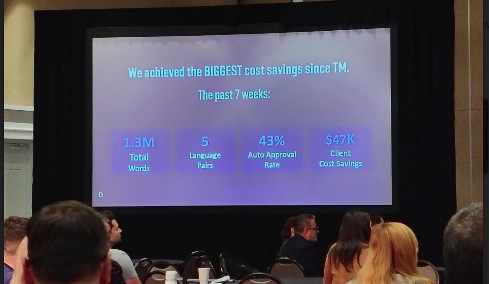 Presentation slide at TAUS 2024 conference by Andrew Miller from BLEND highlighting significant cost savings. Features text: "We achieved the biggest cost savings since TM. In the past 7 weeks: 1.3M total words, 5 language pairs, 43% auto approval rate, $47K client cost savings."