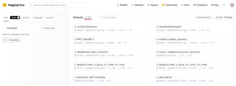 Hugging Face GenAI datasets for machine translation