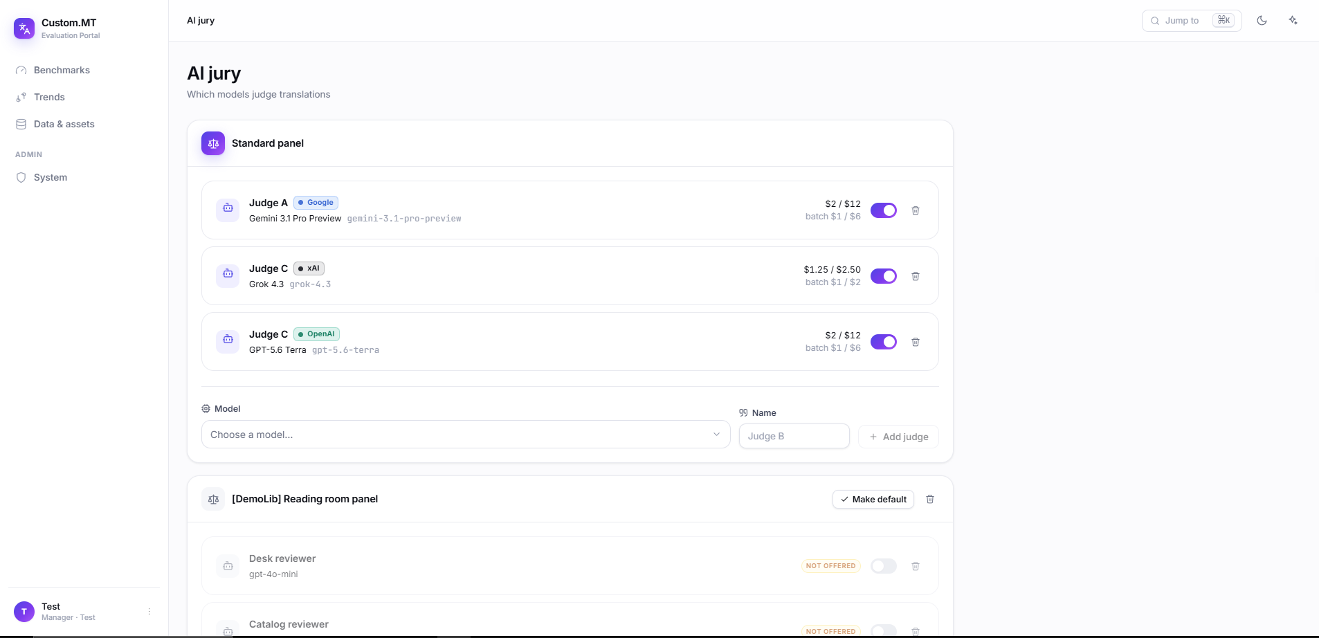 Custom.MT Eval Platform screenshot | AI Jury
