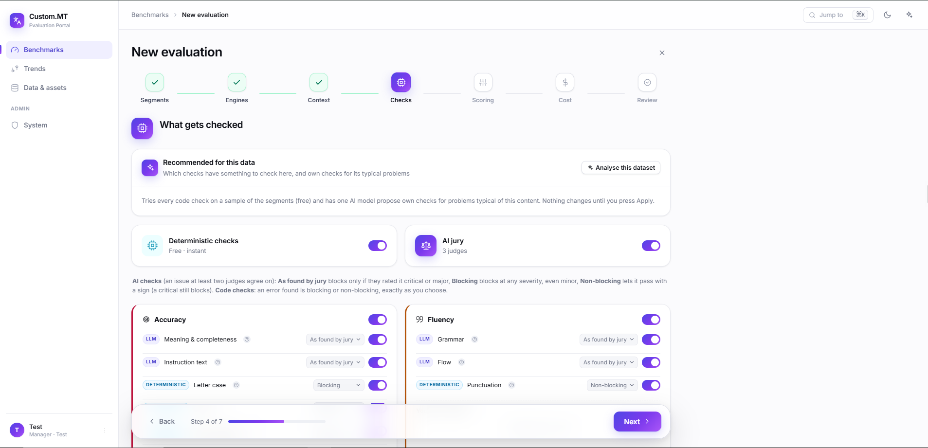 Custom.MT Eval Platform screenshot | New Evaluation Checks