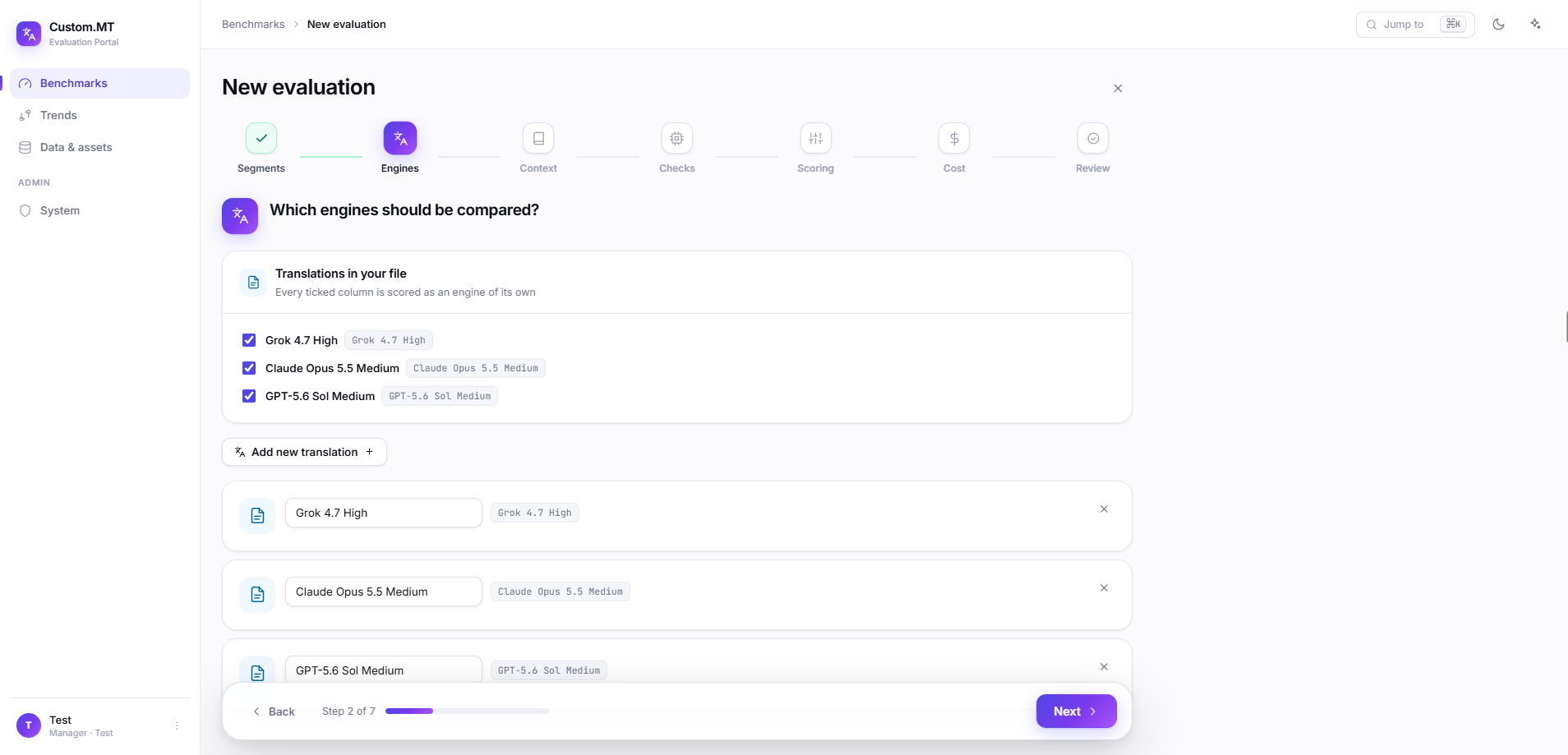 Custom.MT Eval Platform screenshot | New evaluation Engines