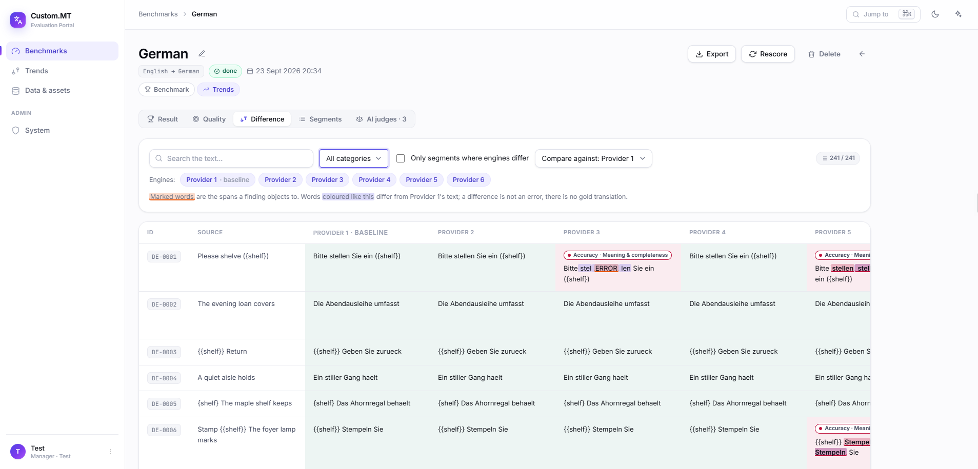 Custom.MT Eval Platform screenshot | Engine Difference